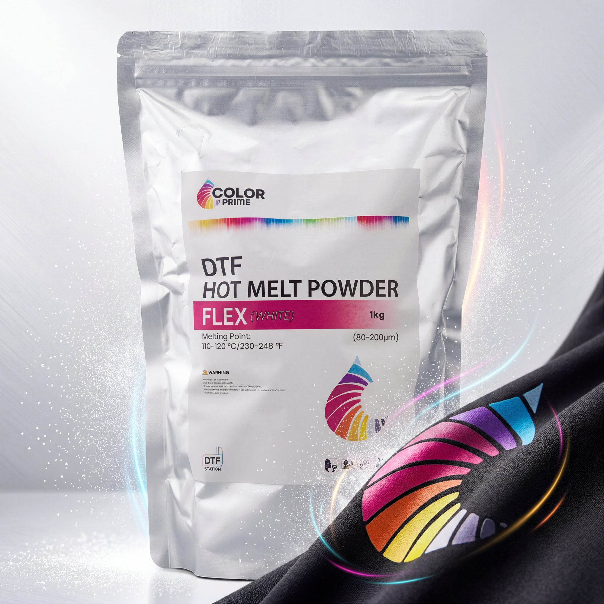 Color Prime Flex DTF Powder – Premium TPU Hot Melt Adhesive Powder for Soft, Stretchable Transfers